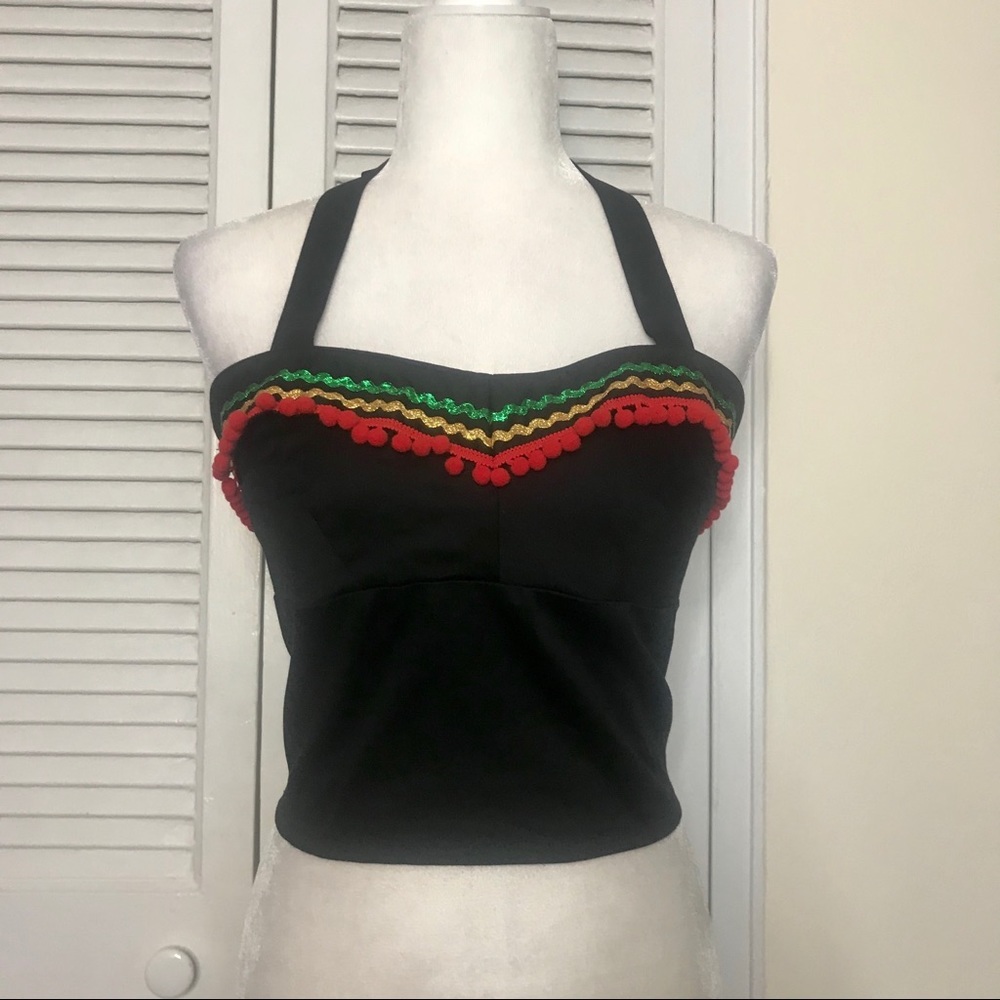 Halter Top w/ Green & Gold Trim & Red Pom Poms